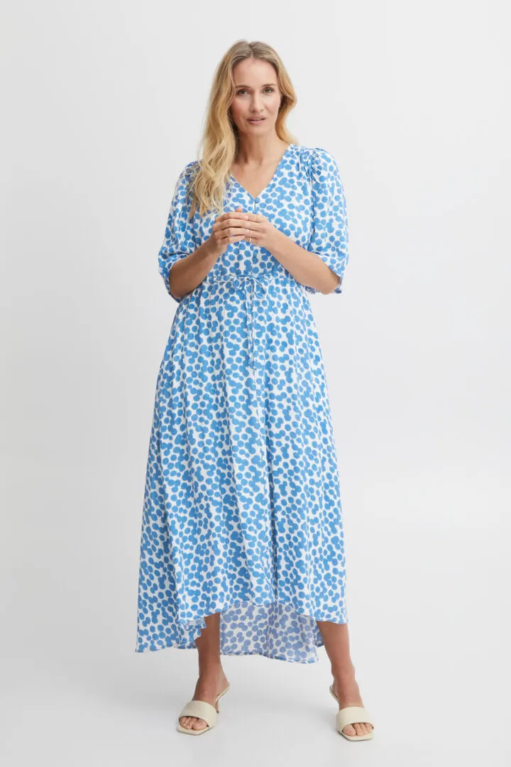 1895- V Neck Long Dress with Drawstring- Blue Print- Fransa