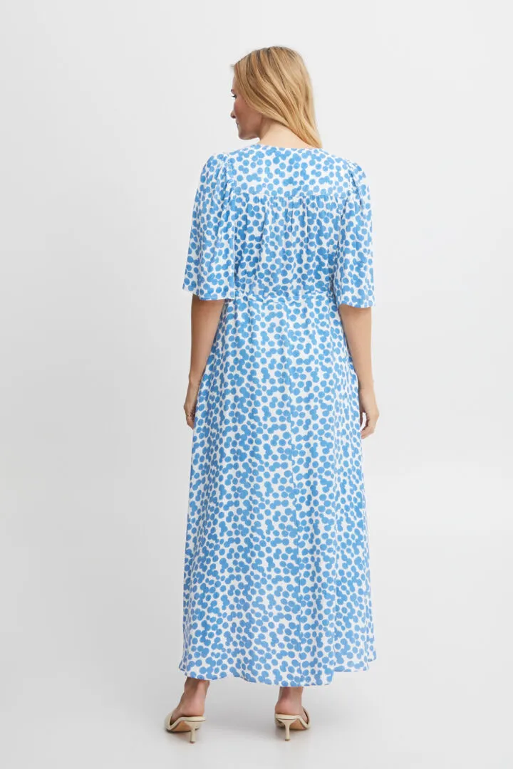 1895- V Neck Long Dress with Drawstring- Blue Print- Fransa