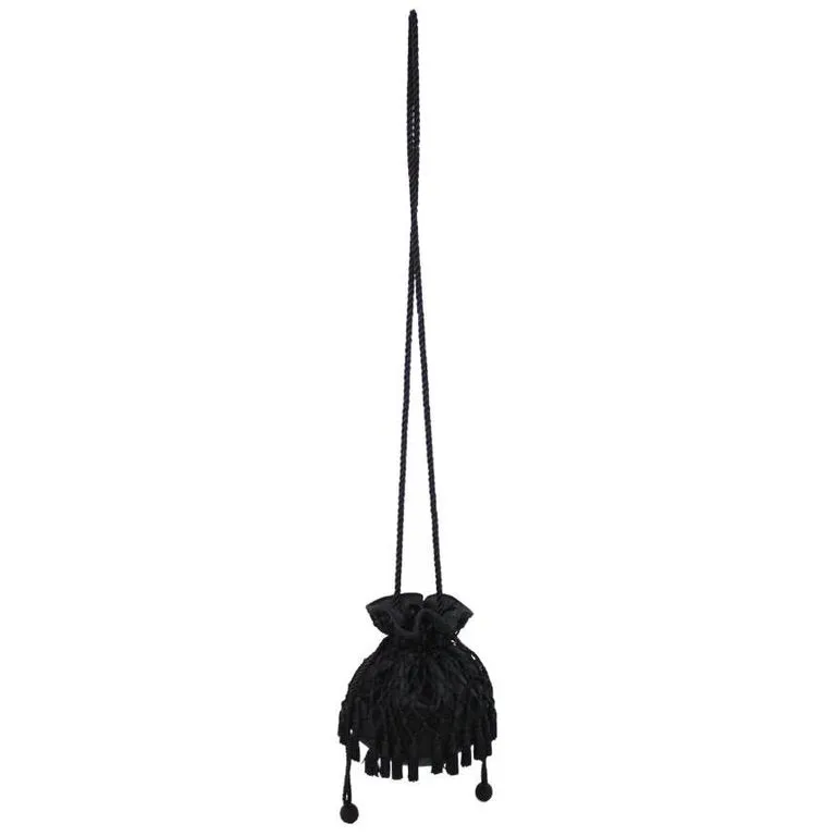 1980s Lord & Taylor Black Satin Tassel Drawstring Purse Crossbody Shoulder Bag