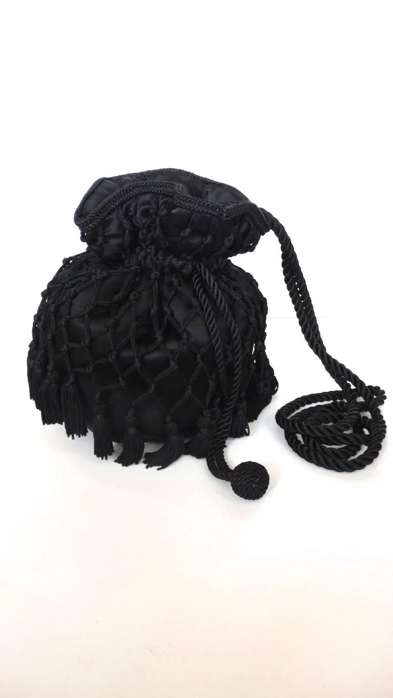 1980s Lord & Taylor Black Satin Tassel Drawstring Purse Crossbody Shoulder Bag