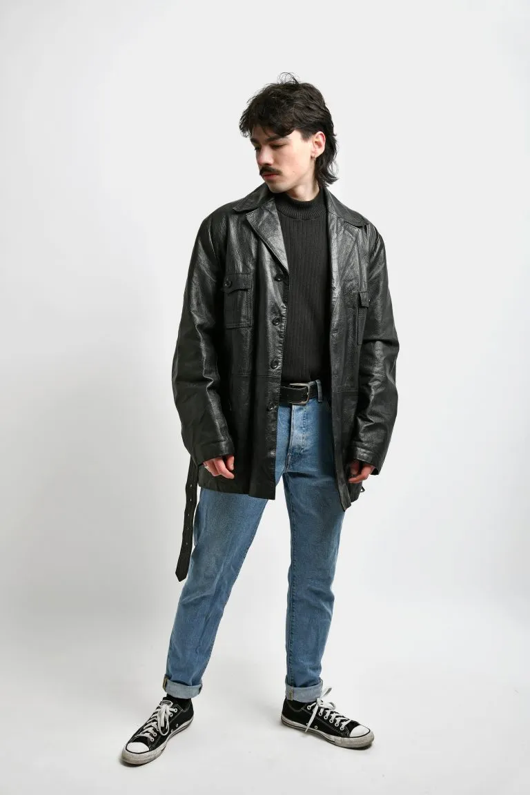 80s real leather mid long coat