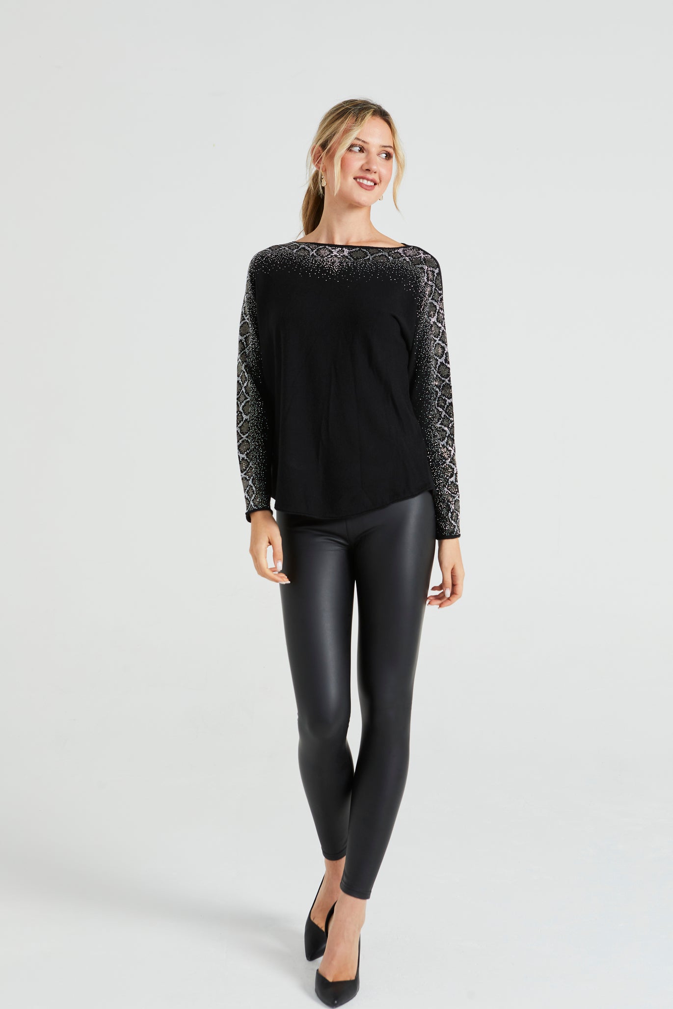 Angeleye Diamonte Neck & Sleeves Detail Jumper In Black