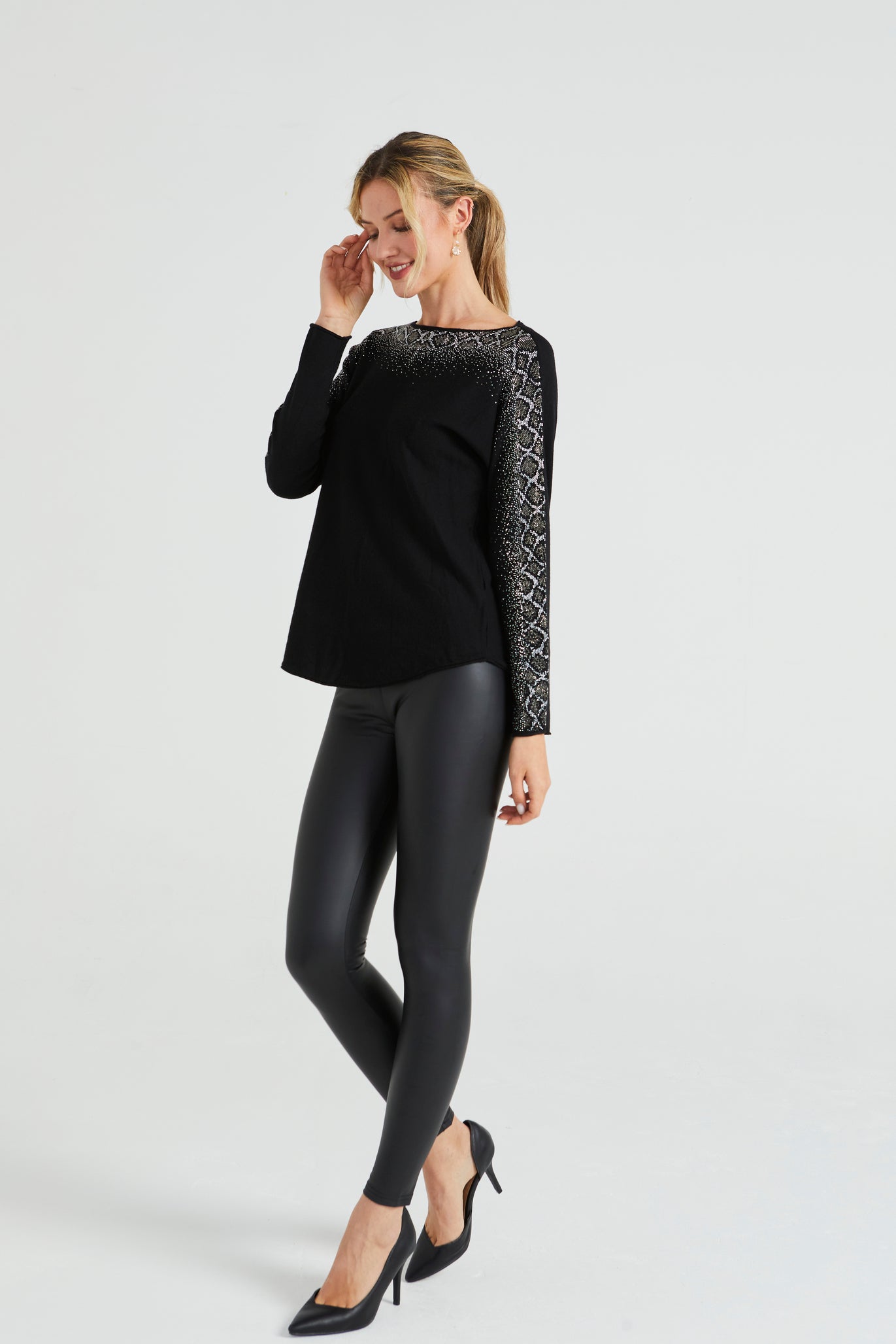 Angeleye Diamonte Neck & Sleeves Detail Jumper In Black