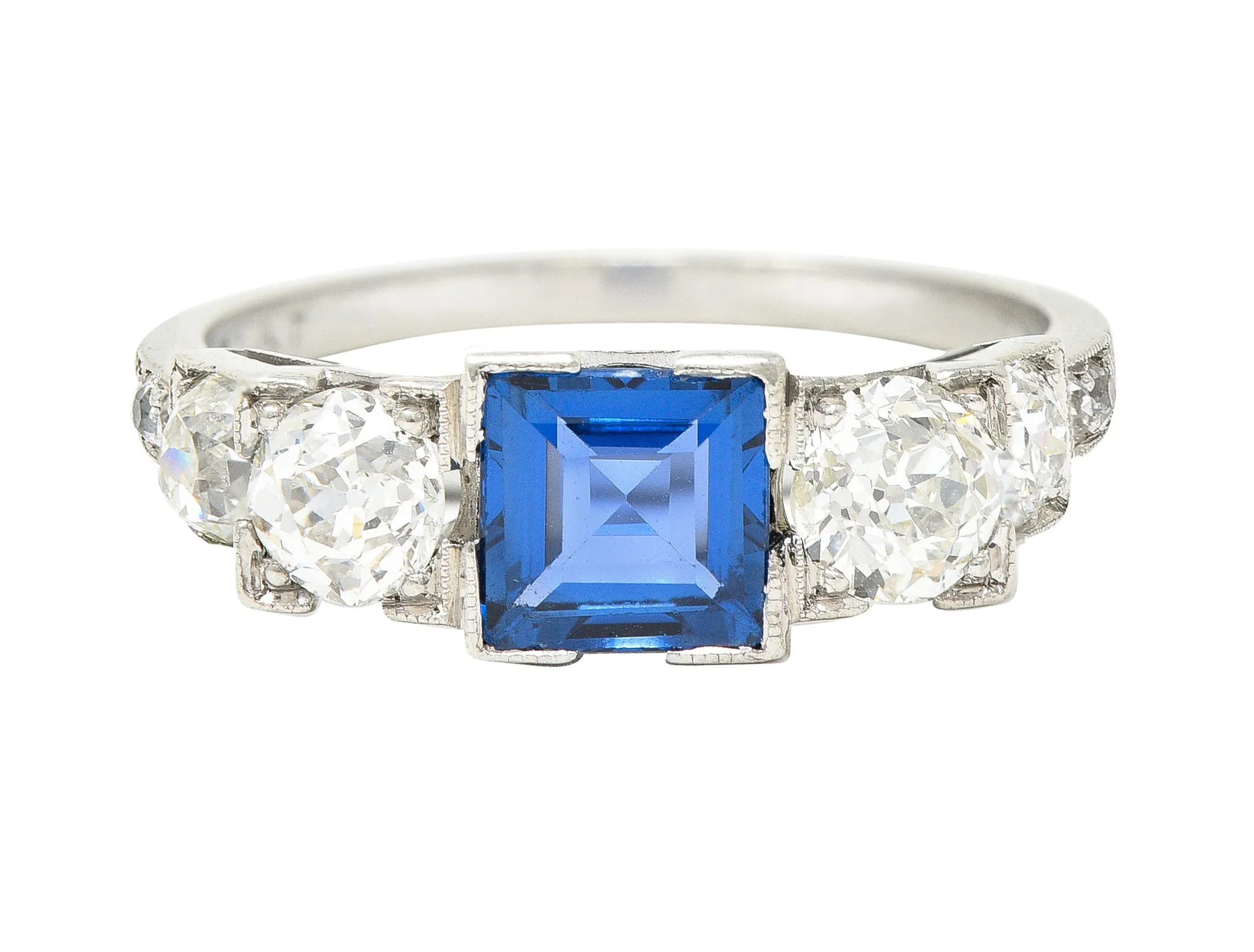 Art Deco 2.15 CTW Sapphire Diamond Platinum Five Stone Engagement Ring