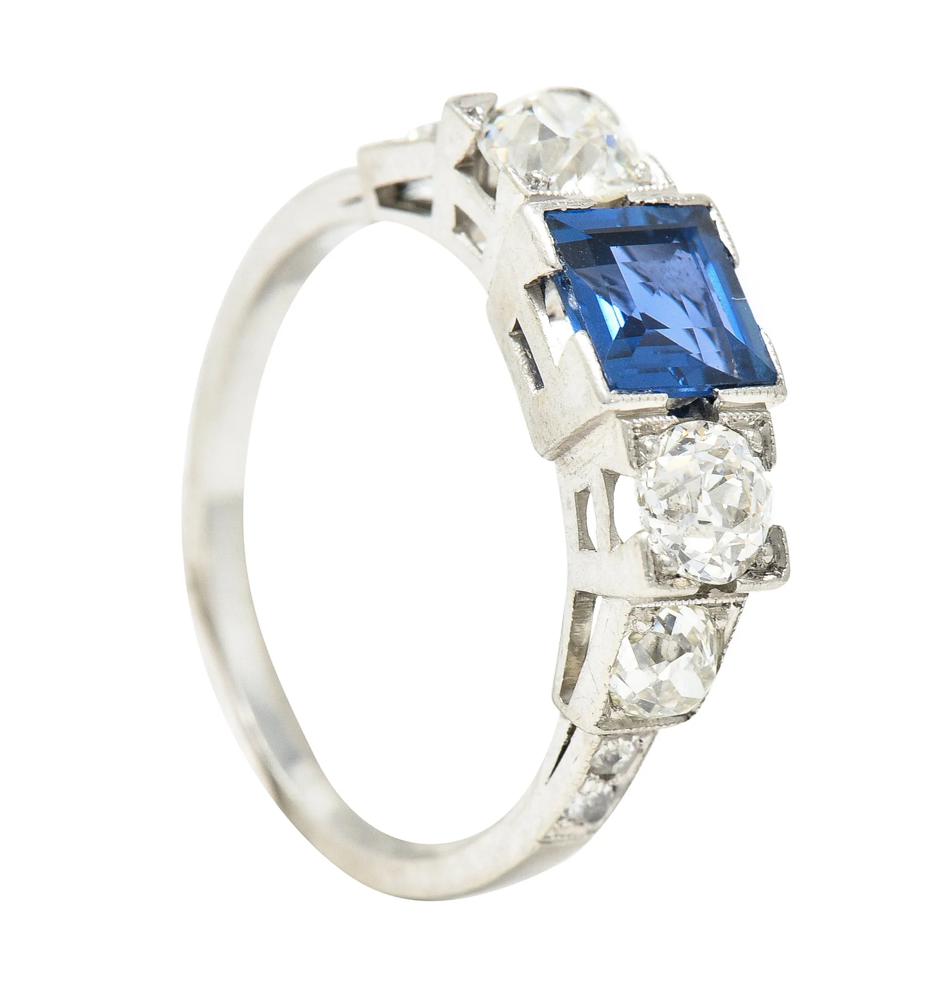 Art Deco 2.15 CTW Sapphire Diamond Platinum Five Stone Engagement Ring