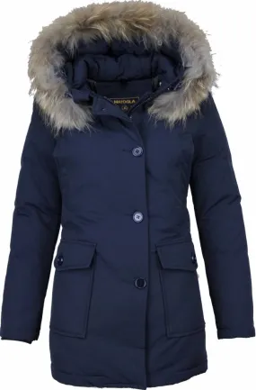 Beluomo Fur Collar Coat - Women's Winter Coat Wooly Long - Parka Stitch Pockets - Blue