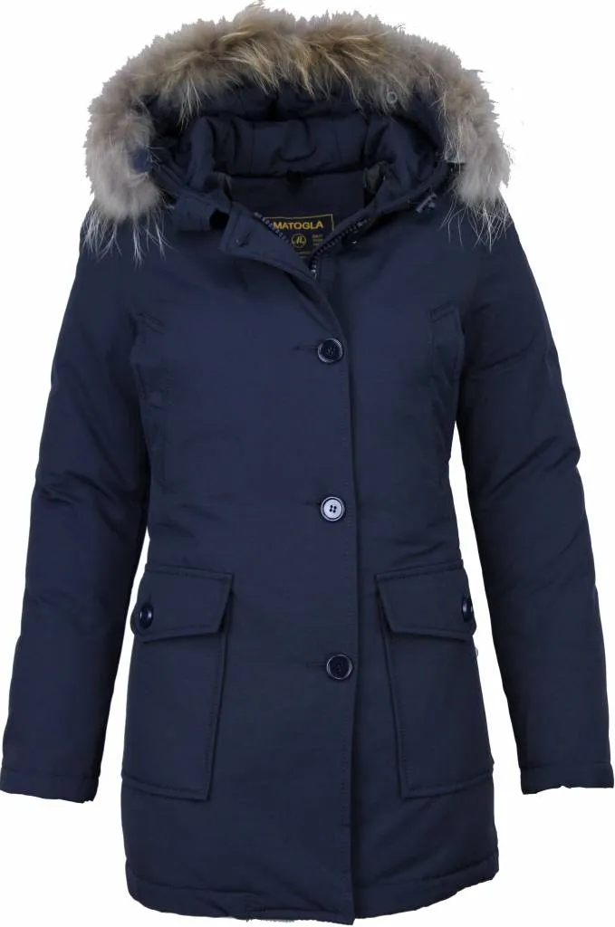 Beluomo Fur Collar Coat - Women's Winter Coat Wooly Long - Parka Stitch Pockets - Blue