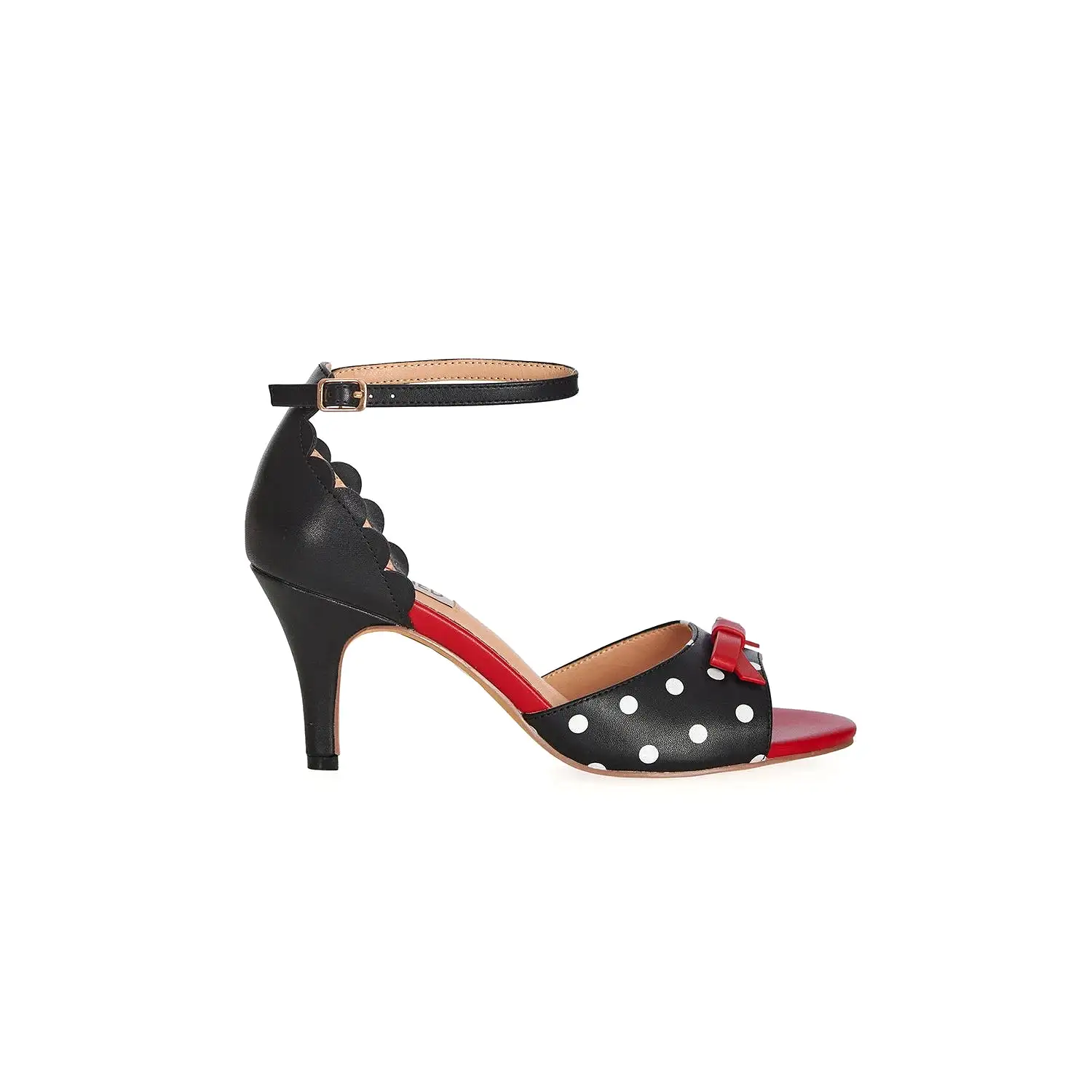 Black and White Polka Dot Open Toe Heels with Red Bow Detail