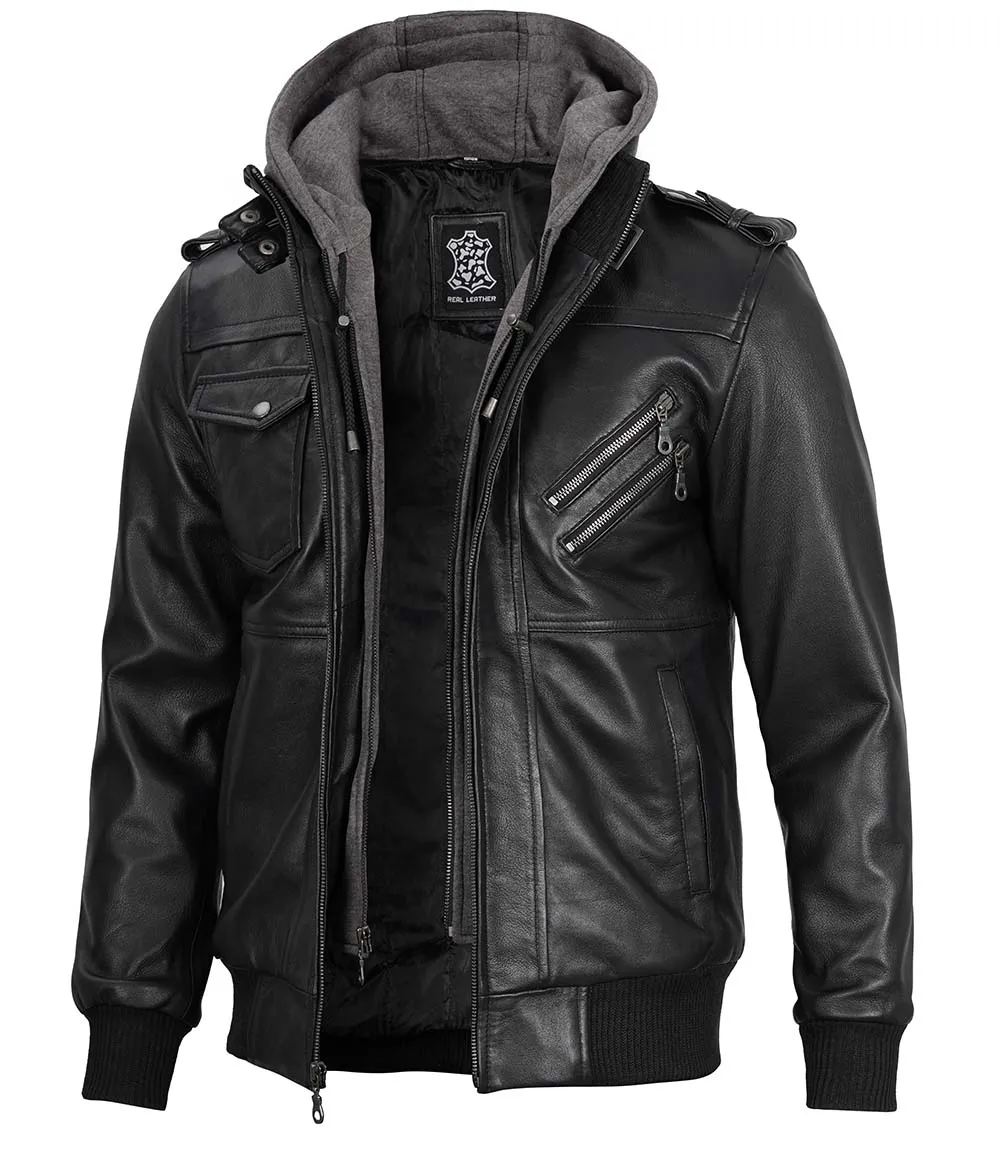 Black Bomber Men's Leather Jacket with Removable Hood