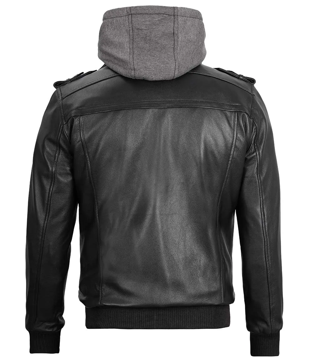 Black Bomber Men's Leather Jacket with Removable Hood