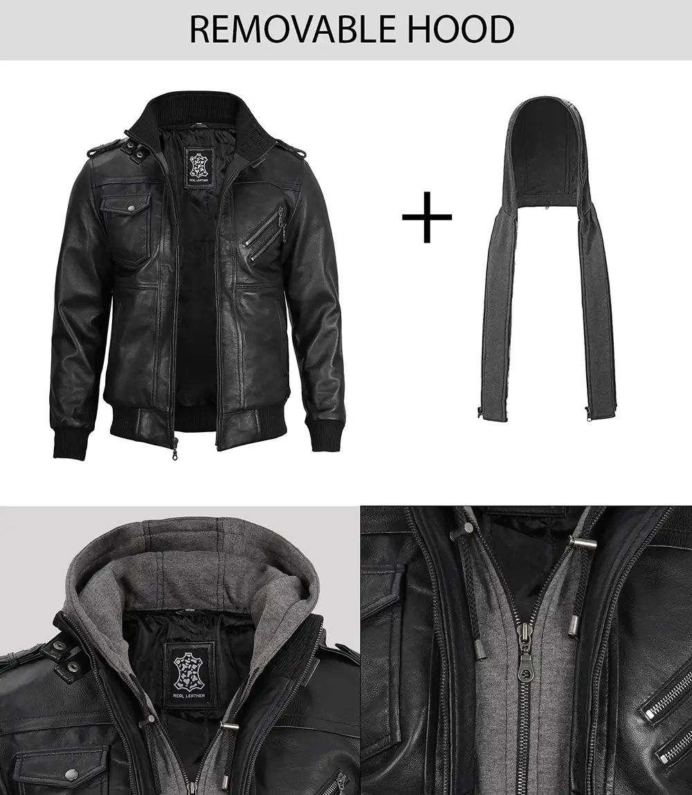 Black Bomber Men's Leather Jacket with Removable Hood