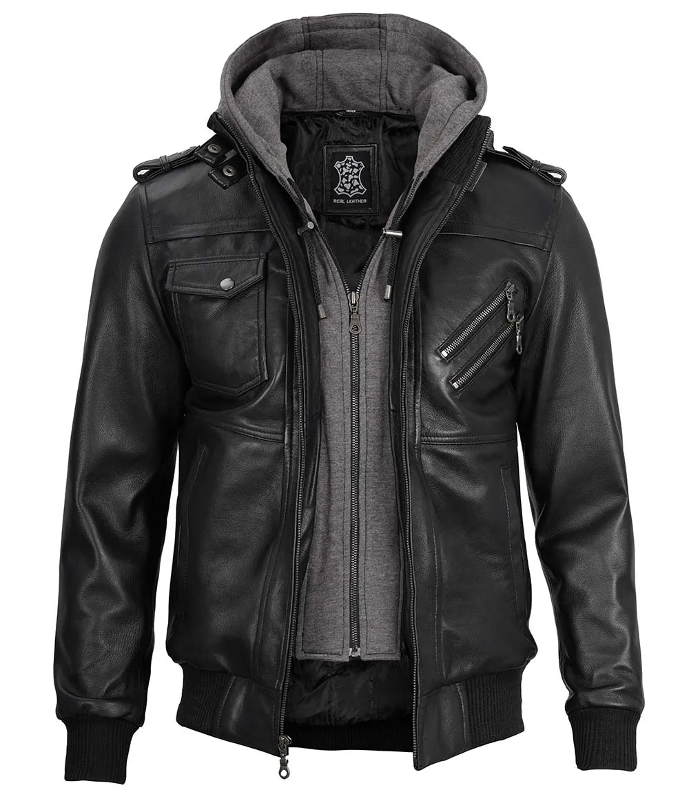 Black Bomber Men's Leather Jacket with Removable Hood