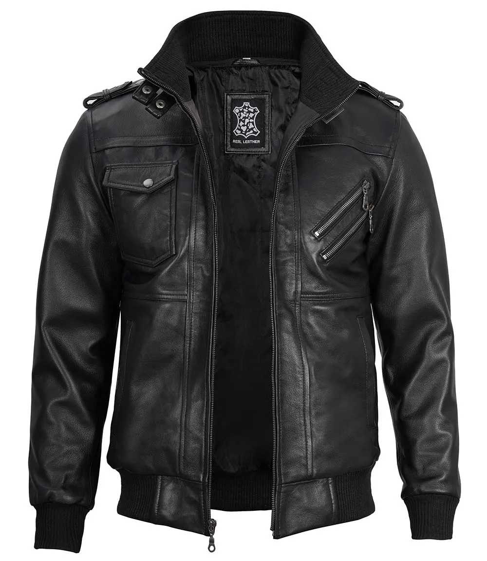 Black Bomber Men's Leather Jacket with Removable Hood