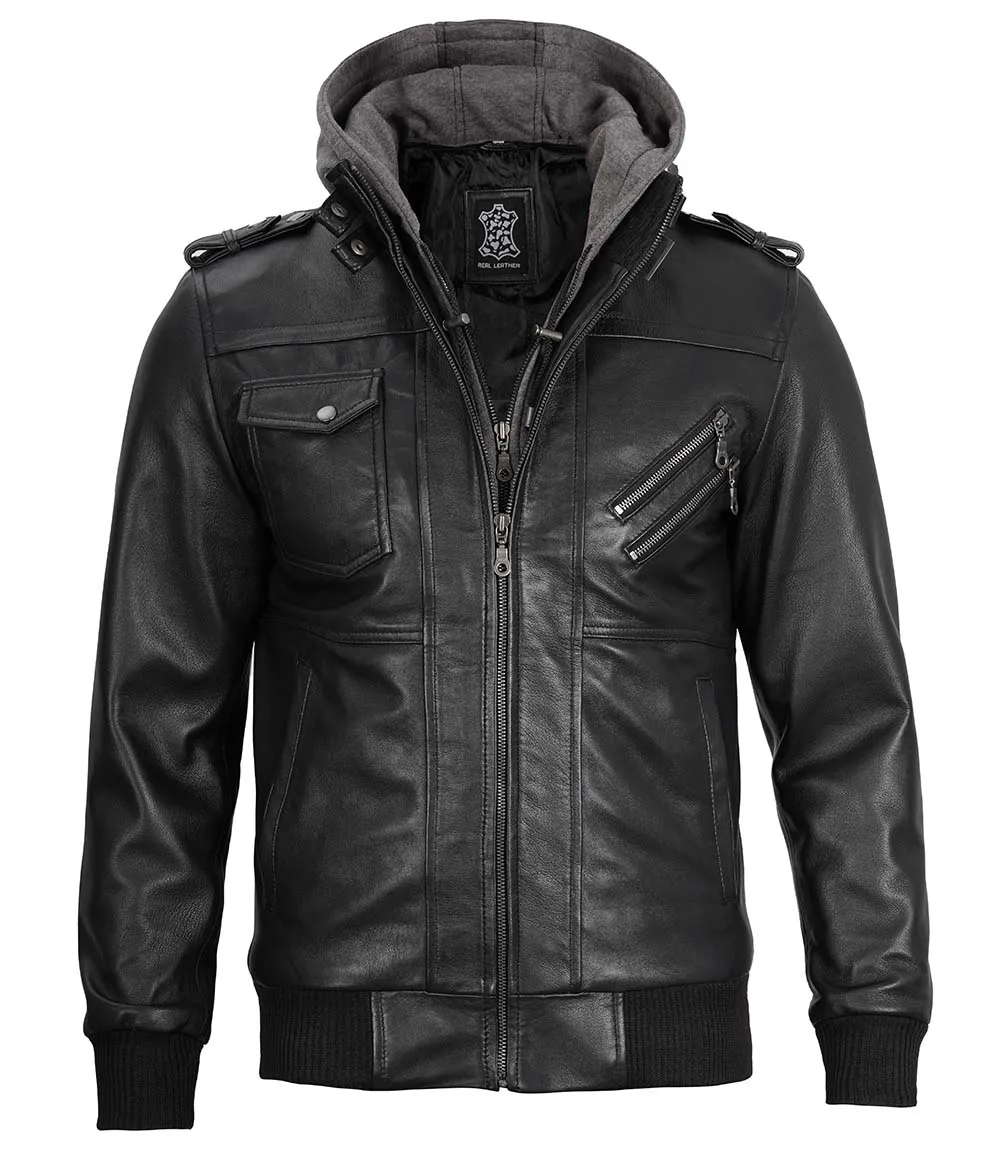 Black Bomber Men's Leather Jacket with Removable Hood