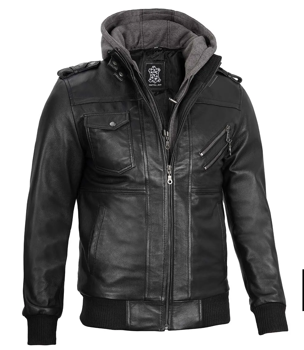 Black Bomber Men's Leather Jacket with Removable Hood