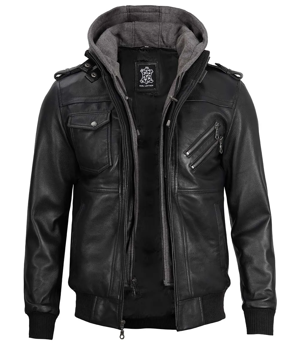 Black Bomber Men's Leather Jacket with Removable Hood