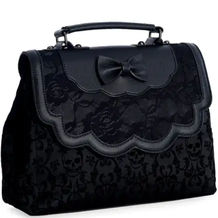 Black Retro Rose Embossed Scalloped Bow Handbag With Chain Shoulder Strap