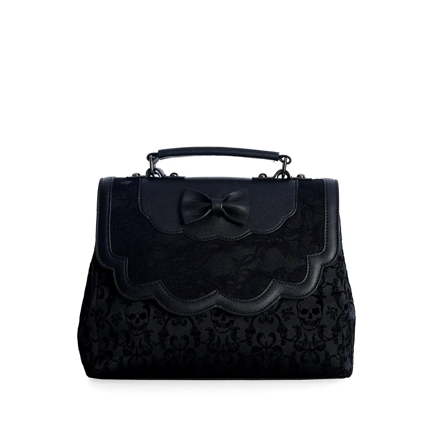 Black Retro Rose Embossed Scalloped Bow Handbag With Chain Shoulder Strap