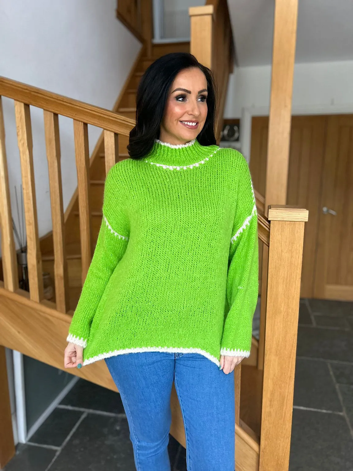 Bright Green Blanket Stitch High Neck Kia