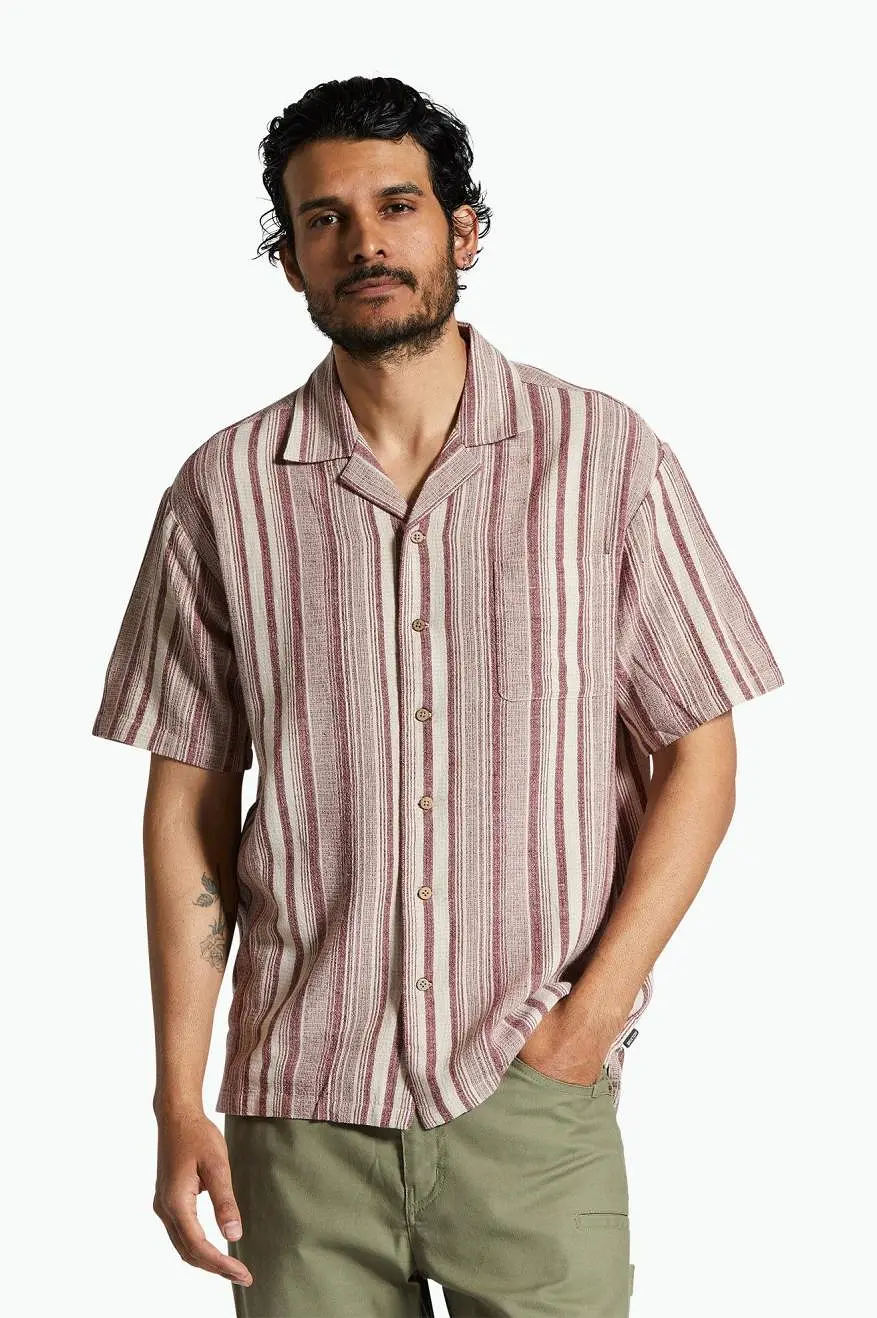 Bunker Seersucker S/S Camp Collar Woven Shirt - Cranberry Juice/Off White