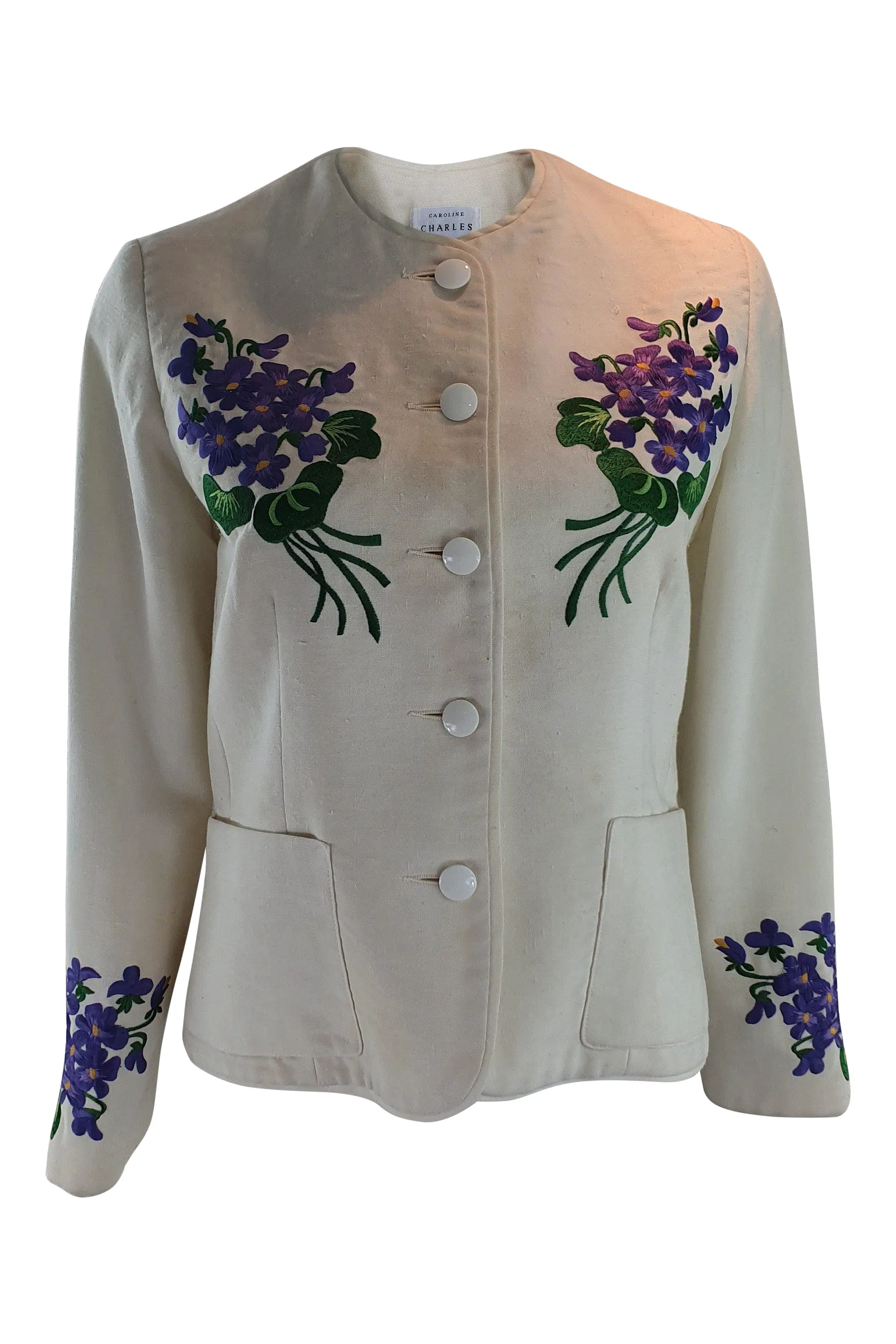 CAROLINE CHARLES Linen Floral Embroidered Patch Pocket Jacket (M)