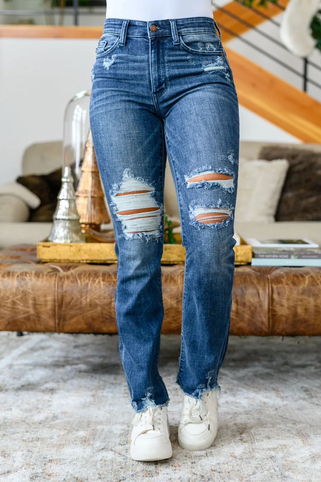 Christine High Contrast Slim Bootcut Destroyed Jeans