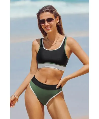 Cupshe Sporty Colorblock Bikini Bralette & Mid-Rise Bottoms Set