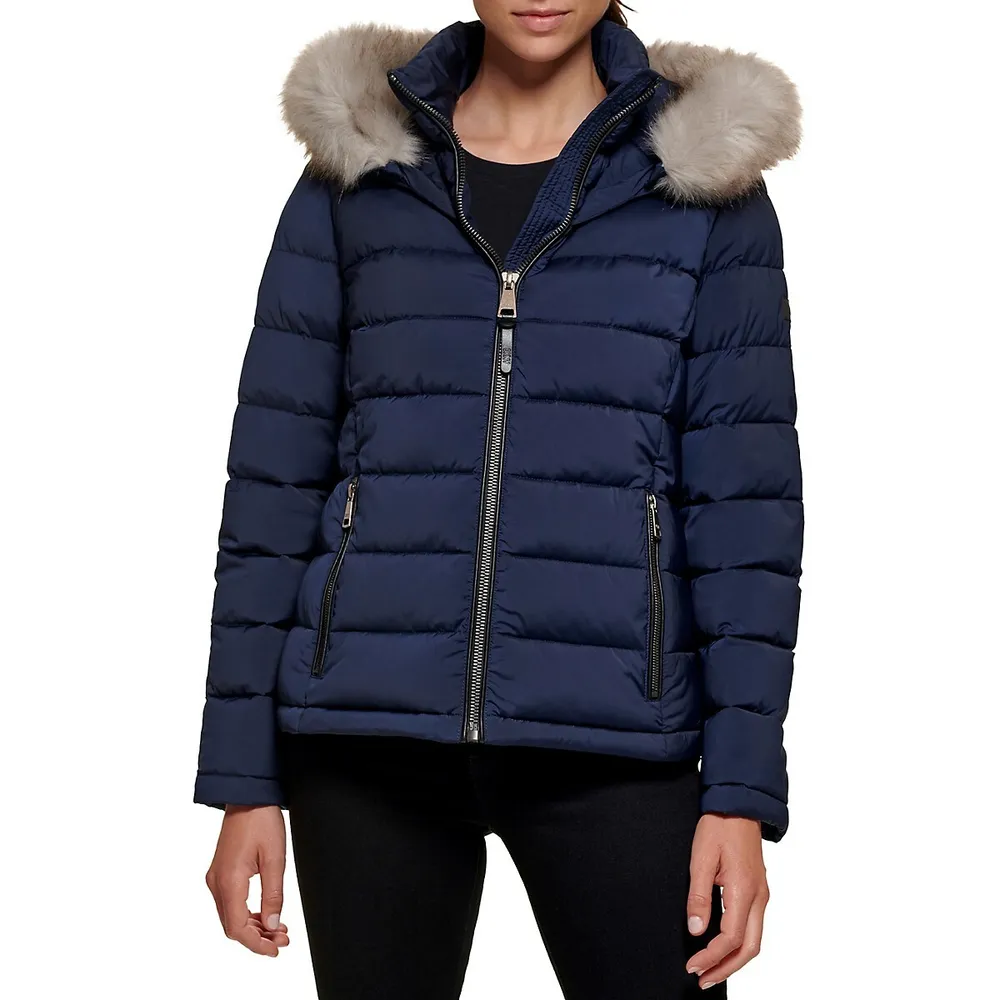 DKNY Faux Fur Hooded Short Puffer Coat