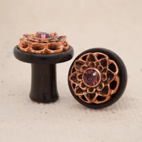 Double-Flared Wood with Metal Lotus Gem Plugs - (2 ga.)