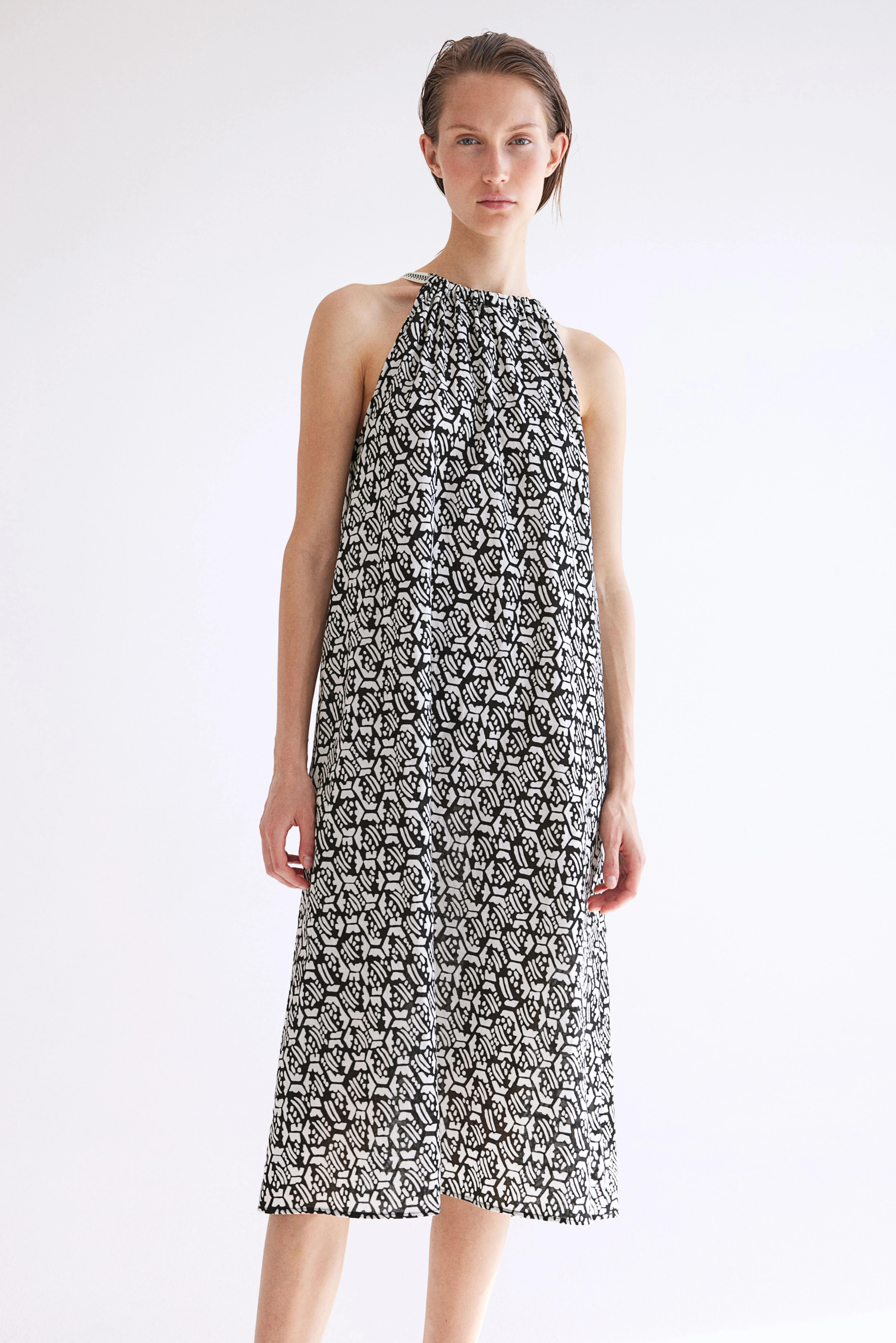 Drawstring-detail cotton dress - Round neck - Sleeveless - Black/Patterned - Ladies | H&M GB