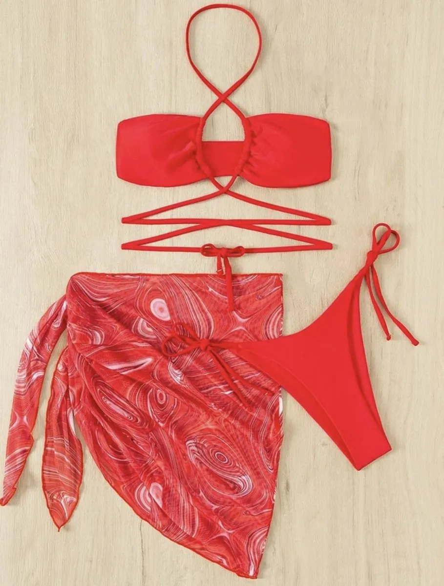 Drawstring Tie Skirt Mesh Three-Piece Bikini