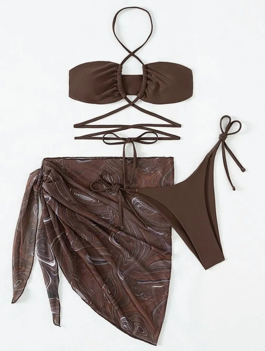 Drawstring Tie Skirt Mesh Three-Piece Bikini