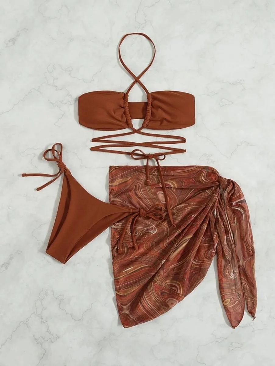 Drawstring Tie Skirt Mesh Three-Piece Bikini