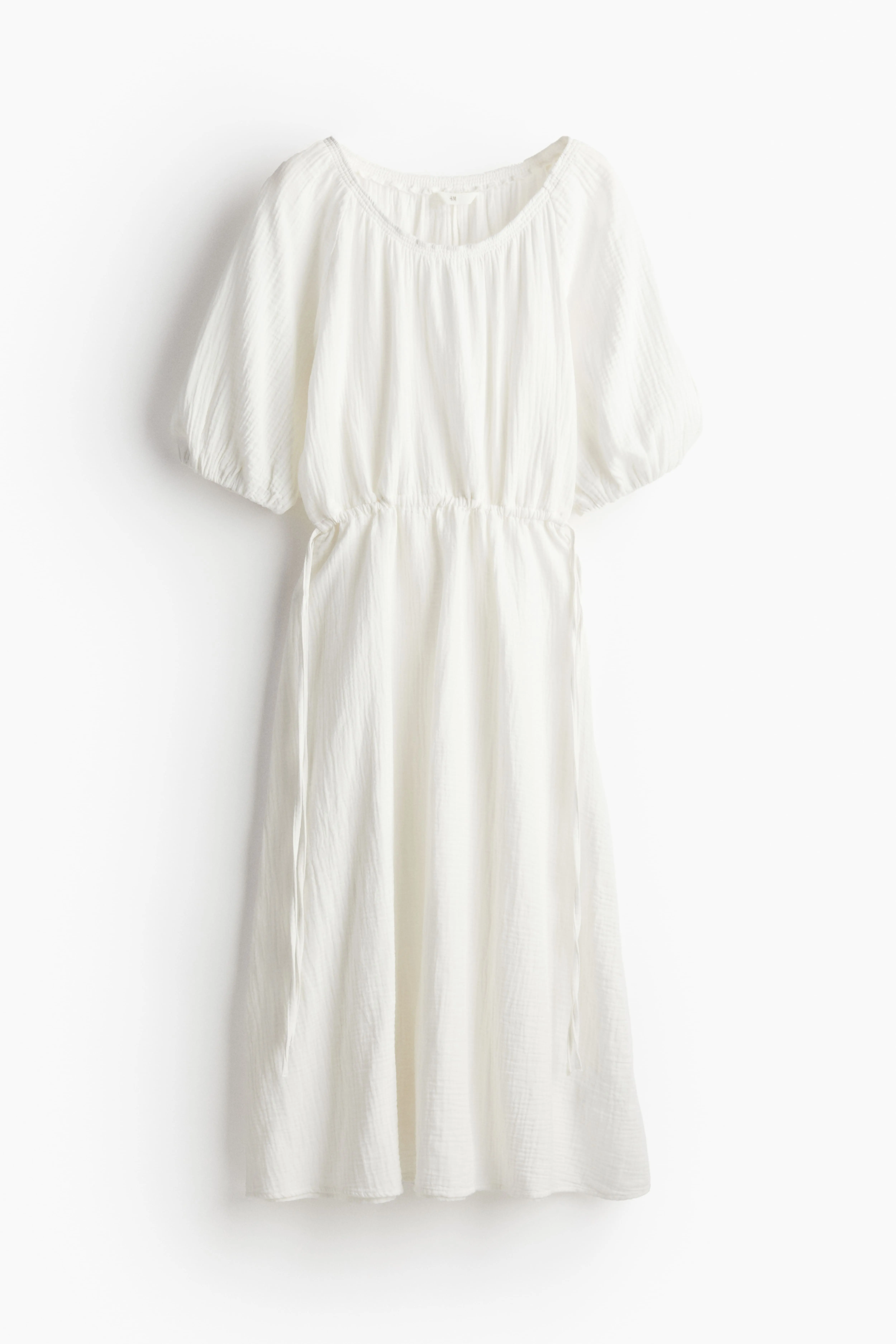 Drawstring-waist cotton dress - Deep neckline - Short sleeve - White - Ladies | H&M GB