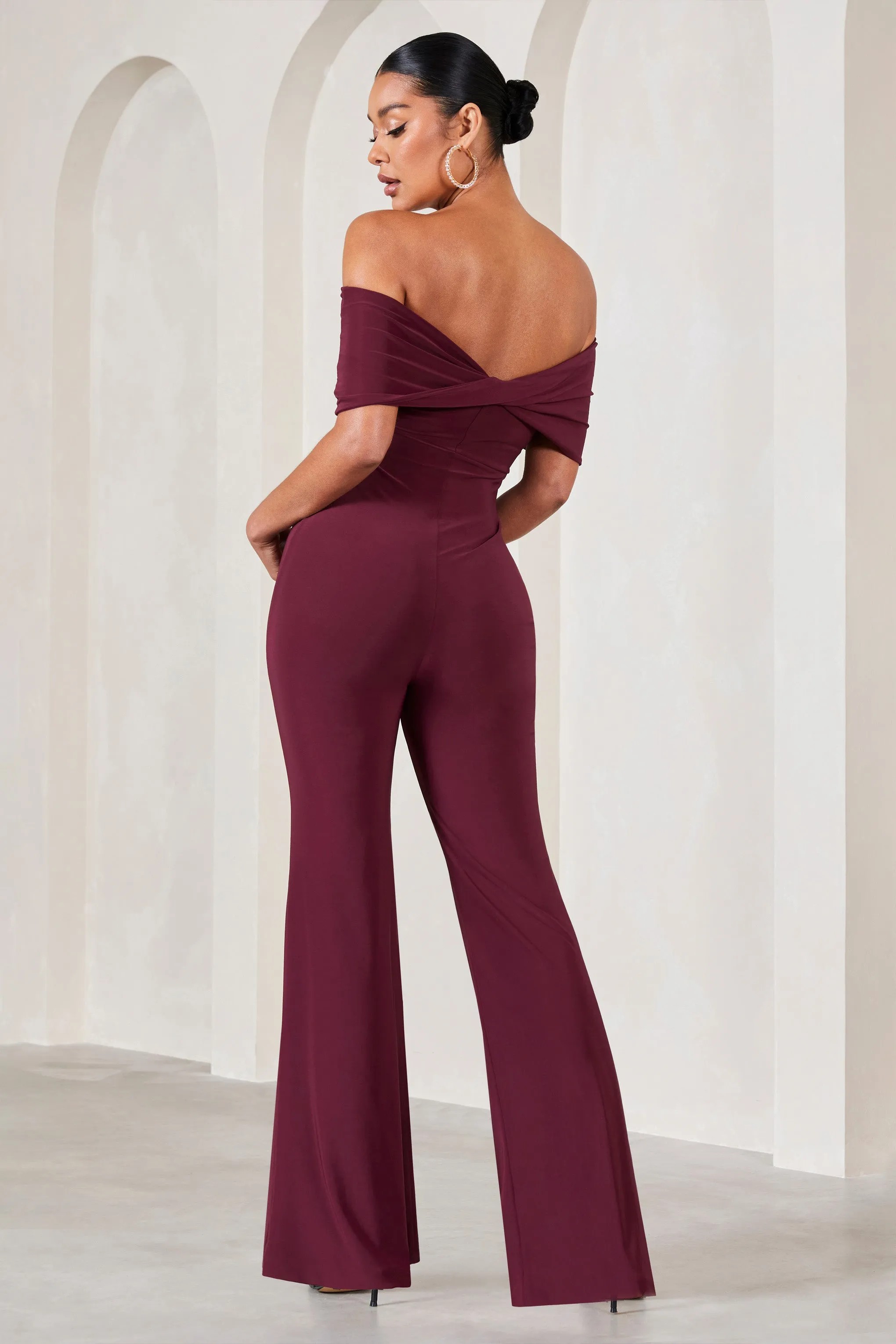 Elisa | Burgundy Bardot Flared-Leg Maternity Jumpsuit