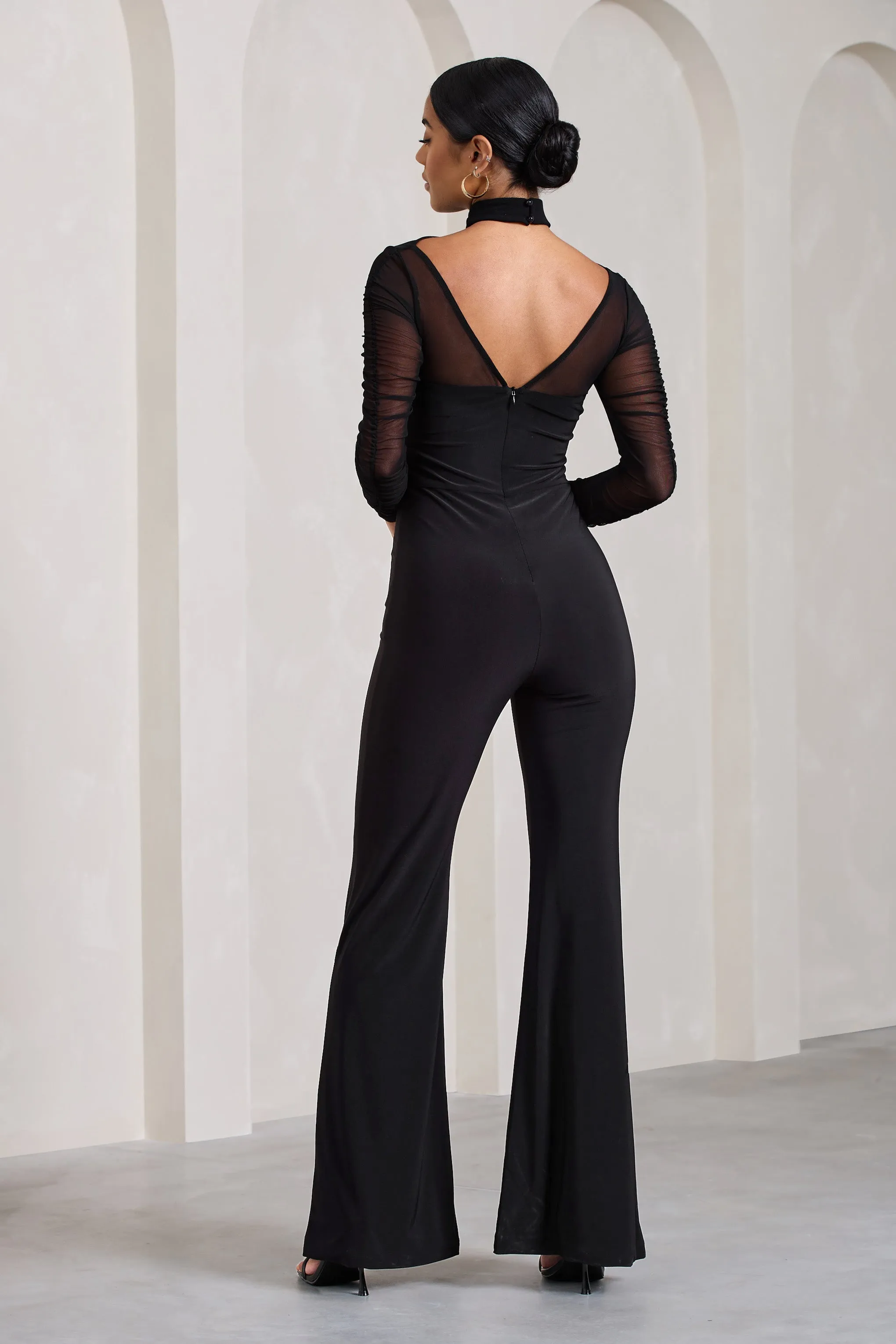 Fallon | Black Flared-Leg Jumpsuit With Long Mesh Sleeves