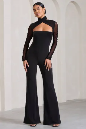 Fallon | Black Flared-Leg Jumpsuit With Long Mesh Sleeves