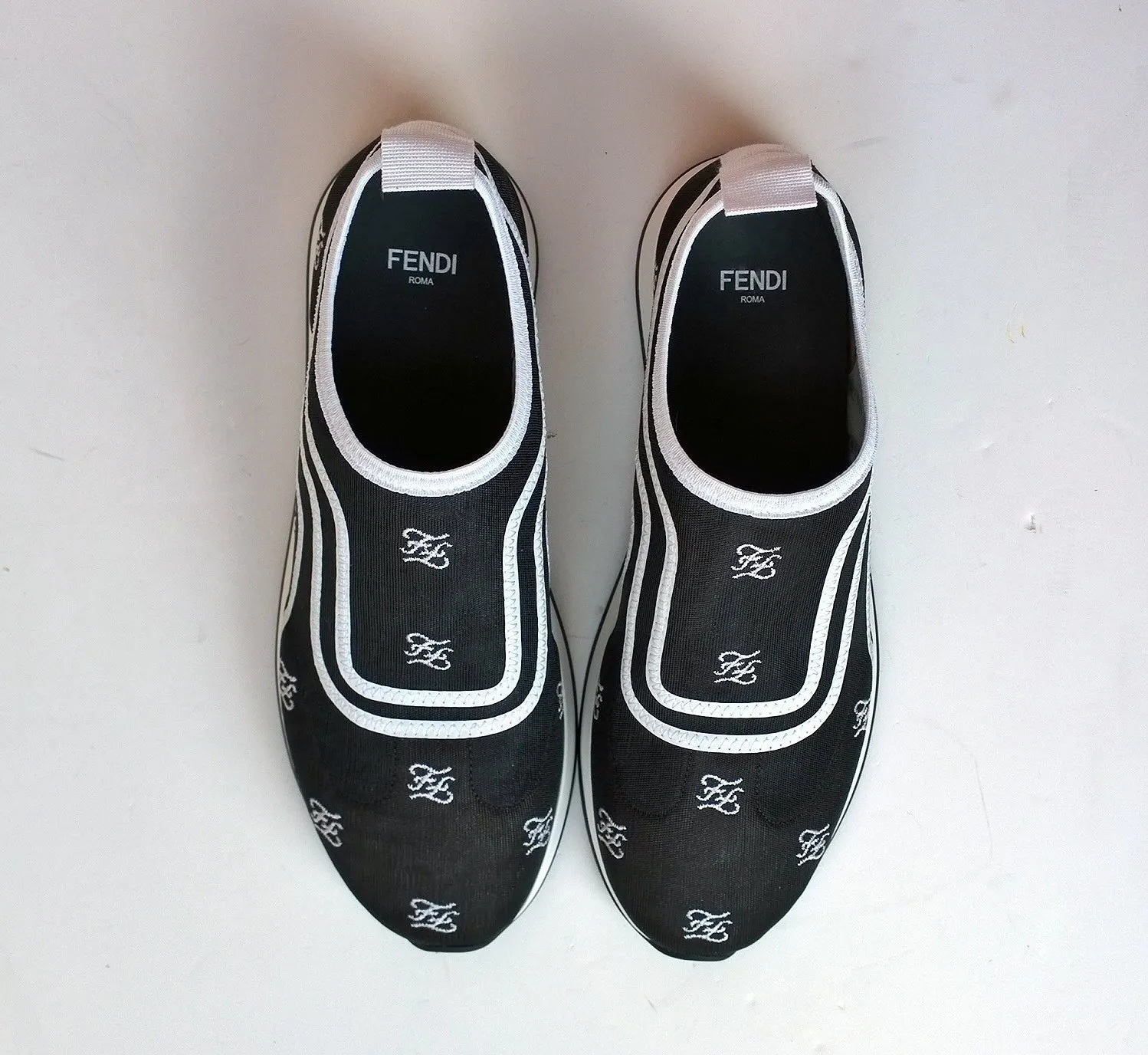 Fendi Freedom Mesh Logo Sneakers in Black and White Rubber Soles Sale Trainers