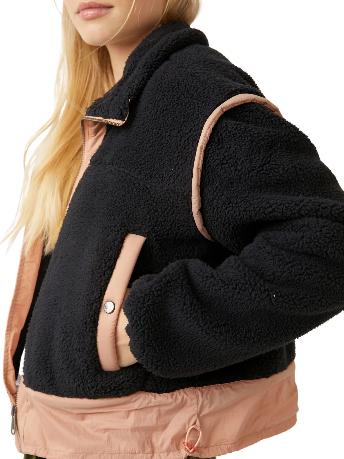 Free People Courtside Fleece Jacket in Black/Peach Bark Combo