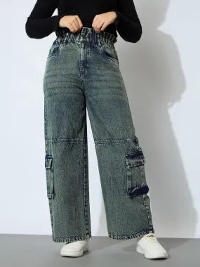 Girl Blue Wash Denim Hem Pockets Straight Jeans