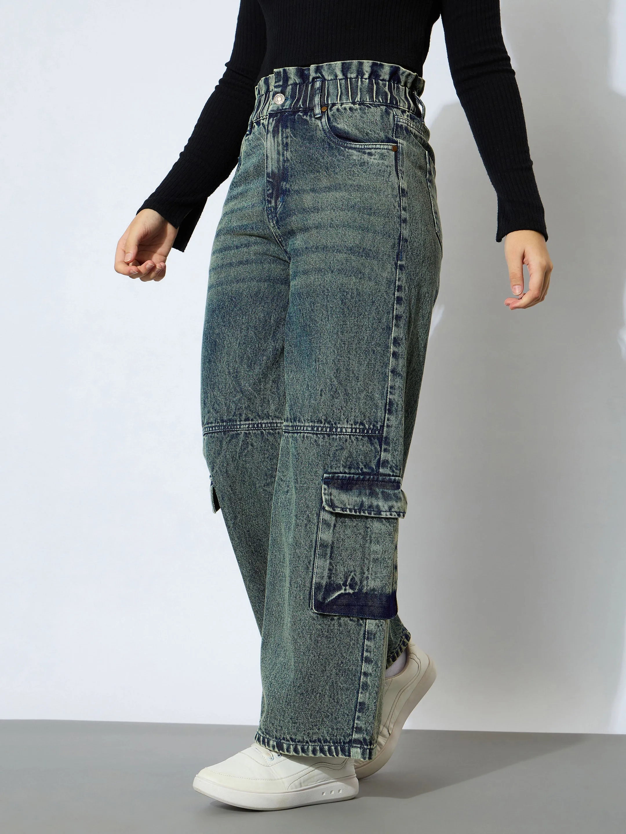 Girl Blue Wash Denim Hem Pockets Straight Jeans