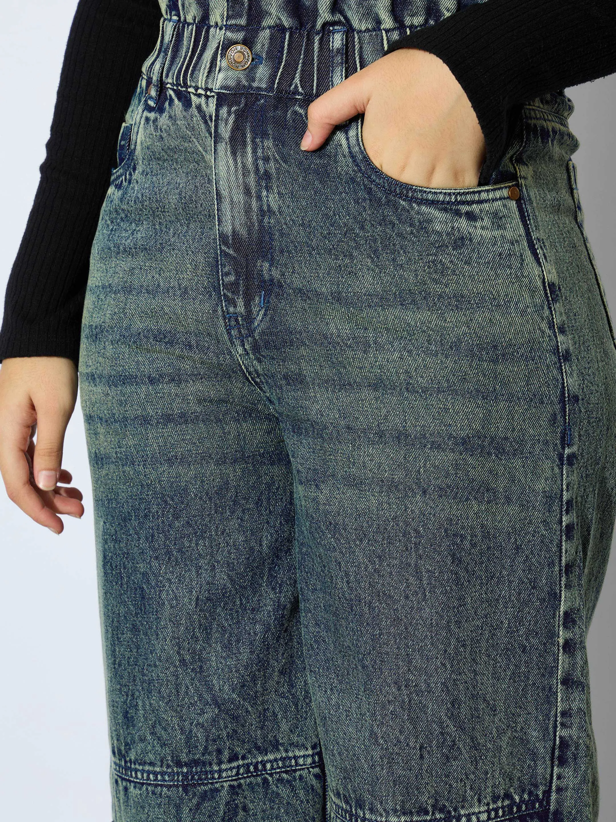 Girl Blue Wash Denim Hem Pockets Straight Jeans