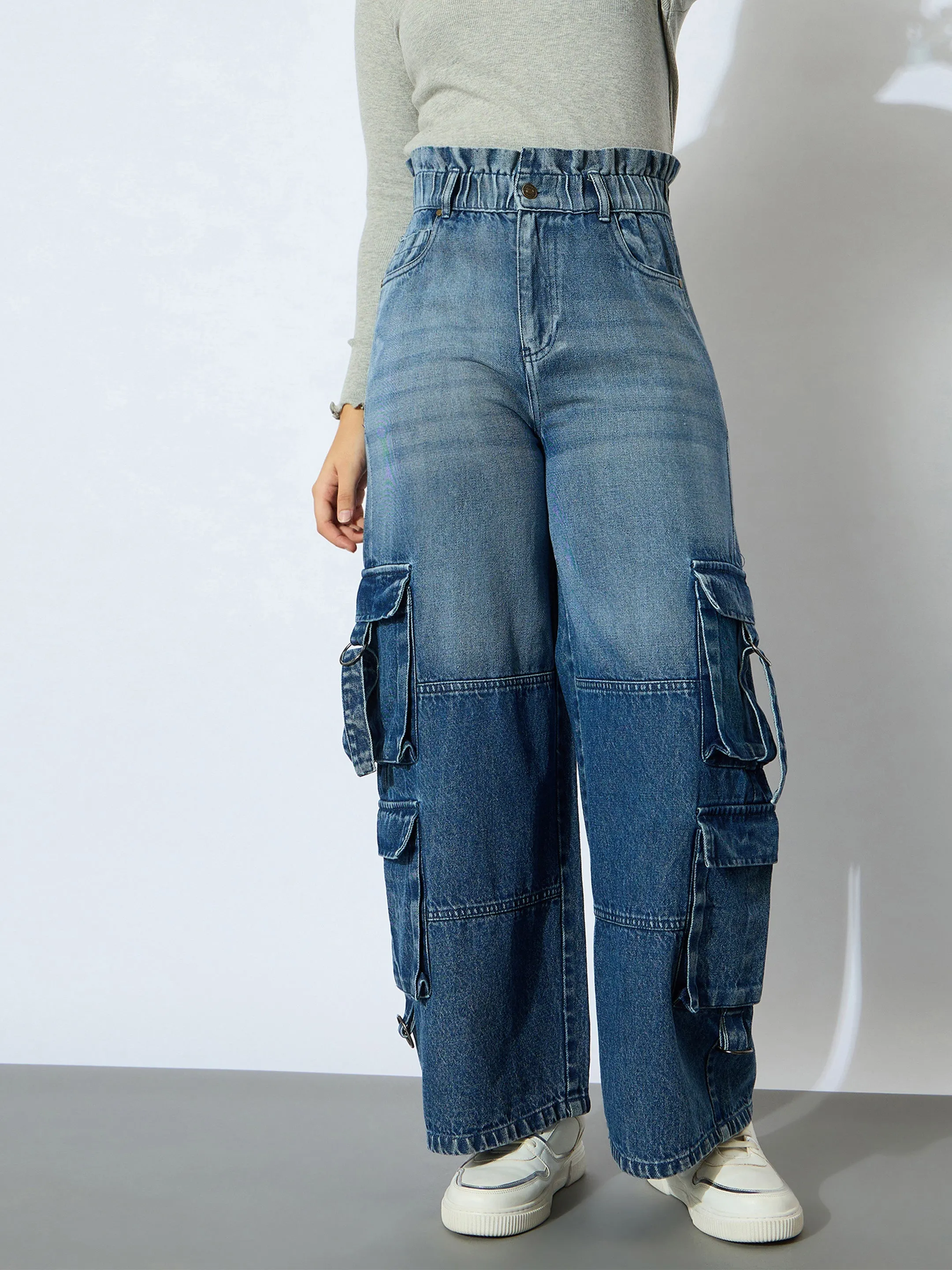 Girl Blue Wash Denim Paper Bag Waist Cargo Jeans