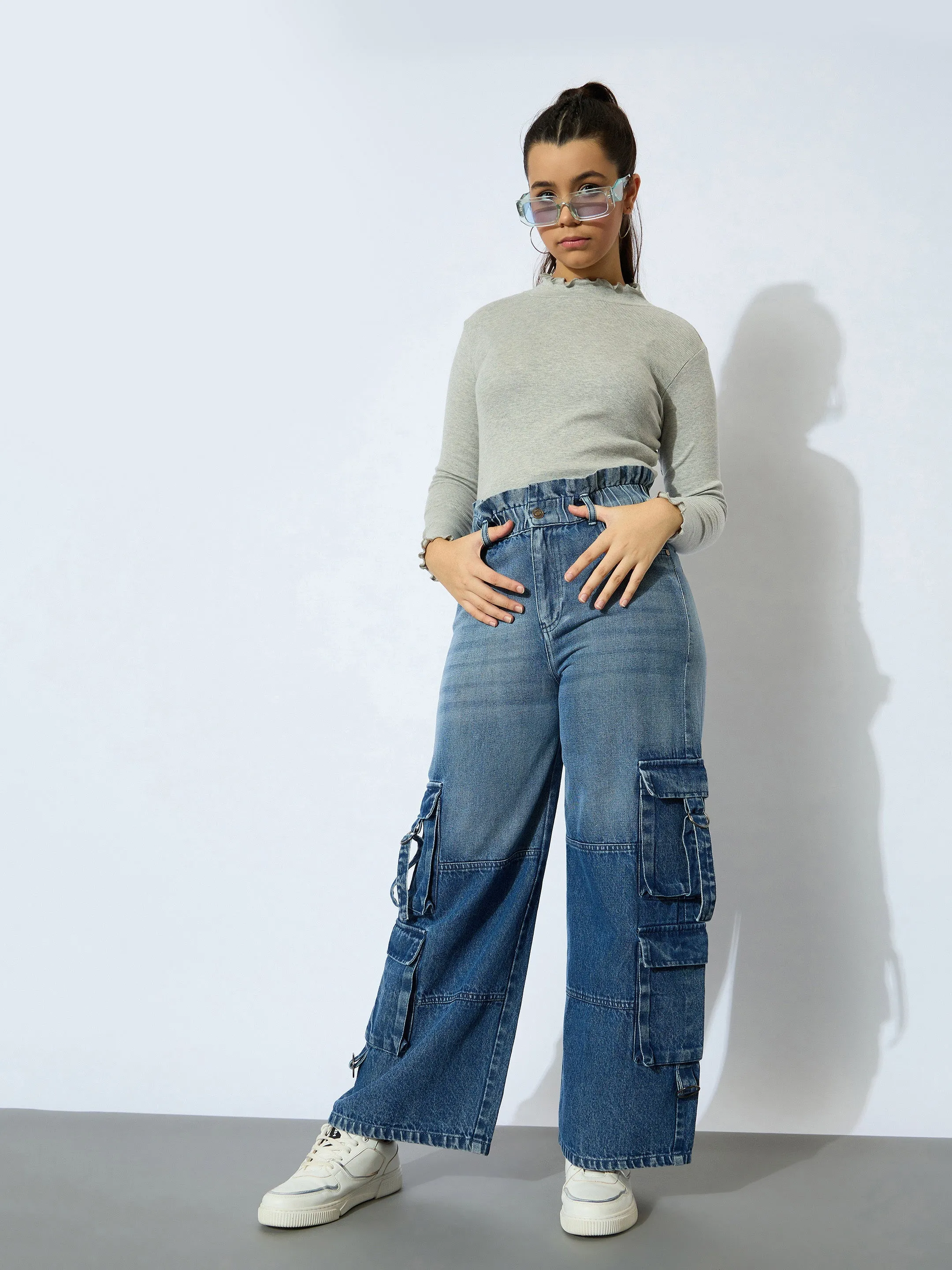 Girl Blue Wash Denim Paper Bag Waist Cargo Jeans