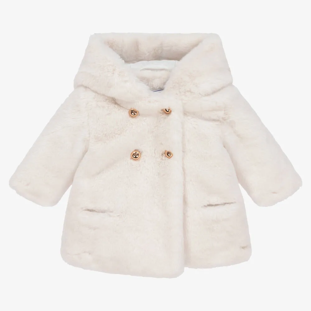 Girls Ivory Faux Fur Coat