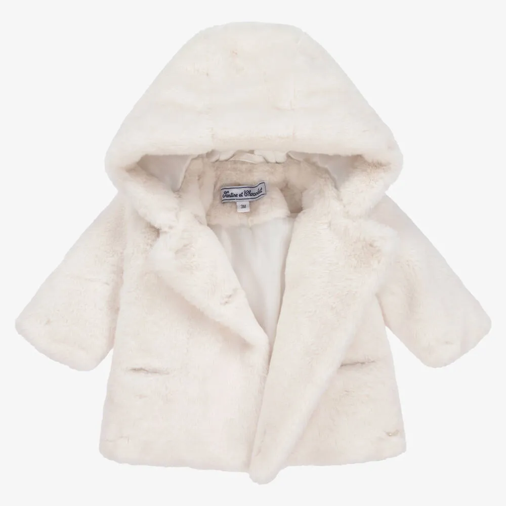 Girls Ivory Faux Fur Coat