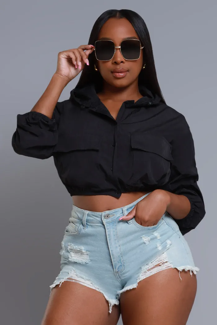 Give In Cropped Hooded Jacket - Black