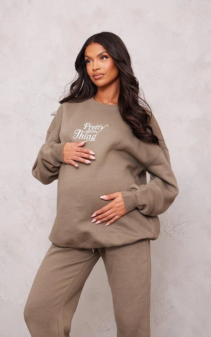 Hoodies & Sweatshirts | Maternity Khaki Embroidered Oversized Sweatshirt | PrettyLittleThing