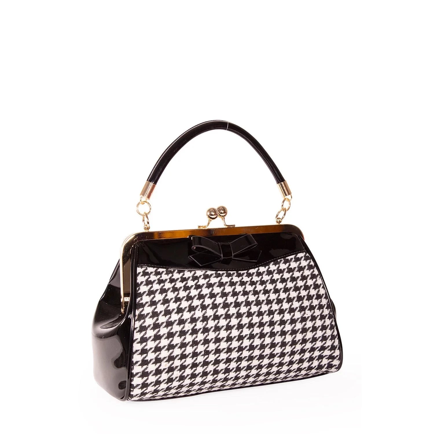 Houndstooth Check Handbag With Bow & Gold Frame