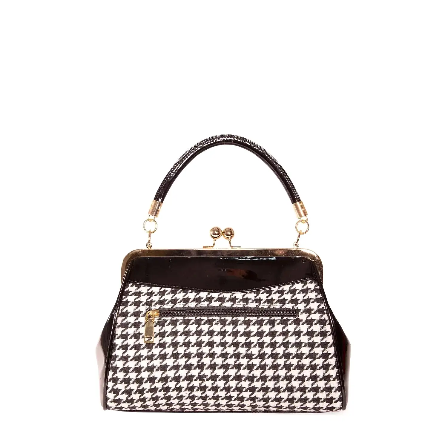 Houndstooth Check Handbag With Bow & Gold Frame